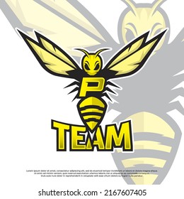 Bee Mascot Letter P Logo Design Template, Wasp Icon Vector, Buzz Logo, Sting Icon, Bee Logo Gamer