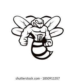 Bee mascot logo black and white version. Angry bee logo in sport style, mascot logo illustration design vector