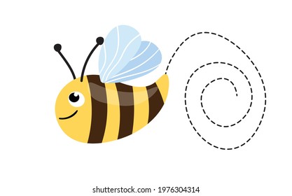 Сartoon bee mascot. A small bees flying on a dotted route. Wasp collection. Vector characters. Incest icon. Template design for invitation, cards. Doodle style.