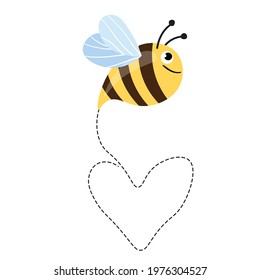 Сartoon bee mascot. A small bees flying on a dotted route. Wasp collection. Vector characters. Incest icon. Template design for invitation, cards. Doodle style.