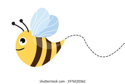 Сartoon bee mascot. A small bees flying on a dotted route. Wasp collection. Vector characters. Incest icon. Template design for invitation, cards. Doodle style.