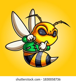 Bee mascot wearing green jacket of illustration