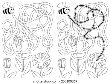 Bee maze for kids with a solution in black and white