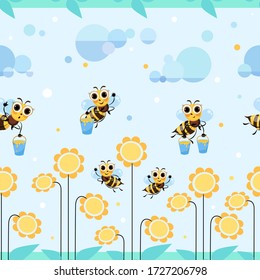 Bee meadow. Flowers. Swarm bees collects honey. Background, seamless pattern