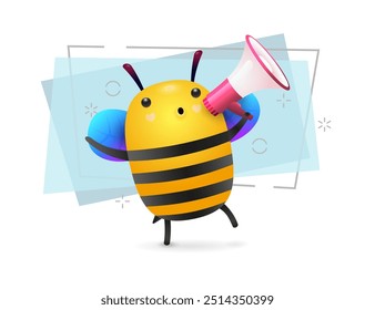 Bee with megaphone illustration. Blue wings, cute bee. Cartoon character concept. Vector illustration can be used for topics like kids, cartoons, advertisement