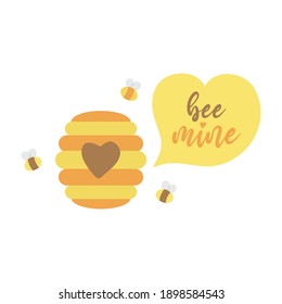 Bee mine cute vector illustration. Valentines day cute beehive and bees with heart and writing drawing. Lovely card design.