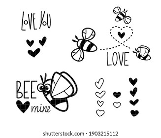 Bee mine design.  Love design and quotes. Heart shapes. Valentine’s day clip art. Silhouette vector flat illustration. Cutting file. Suitable for cutting software. Cricut, Silhouette