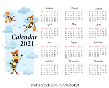 Bee, mistress. Calendar 2021. Vector cartoon character. Swarm of bees on a background of the sky 