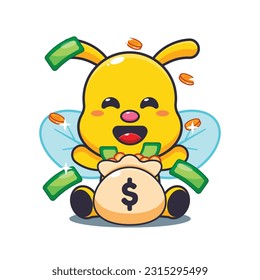 bee with money bag cartoon vector illustration.