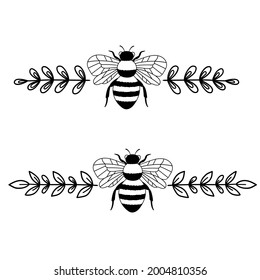 Bee monogram. Text divider set. Floral border. Outline drawing. Line vector illustration.  Isolated on white background. Design of invitations, wedding or greeting cards.