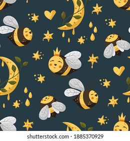 Abeja con luna y estrellas patrón sin fisuras. Vector de miel. Ilustración de abejas.