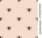 Bee motif, beige background, seamless cute textile pattern design