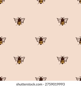 Bee motif, beige background, seamless cute textile pattern design