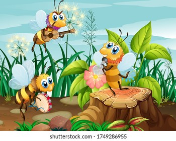 Bee music band playing in nature illustration