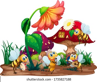 Bee musical band playing in front of fairy mushroom house illustration