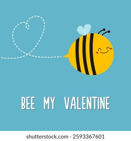 Bee my Valentine card. Flying bee icon. Honeybee. Dash line heart. Happy Valentines Day. Insect collection. Cute cartoon kawaii funny baby character. Flat design. Blue sky background. Isolated. Vector