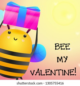 Bee my Valentine romantic poster design. Cute bee holding gift on yellow background. Illustration can be used for banners, invitation, greeting cards