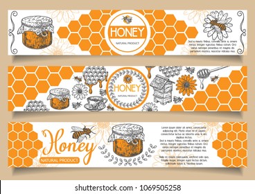 Bee natural honey vector horizontal banner set. Hand drawn honey natural product concept design elements for honey business advertising.