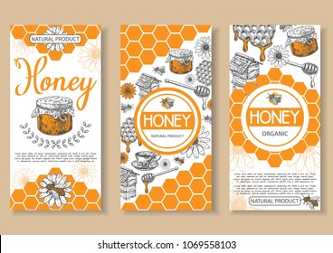 Bee natural honey vector poster, flyer, banner set. Hand drawn honey natural organic product concept design elements for honey business advertising.