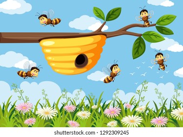 Bee in the nature background illustration