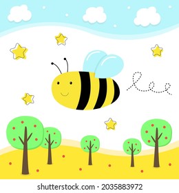 Bee in nature. Vector graphics, EPS 10. Field, trees, obloka, honey. The concept of eco products, ecology, nature protection, eco materials. Design for notebooks, notebooks, books, vep sites.