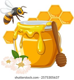 A bee near a honey jar and flowers