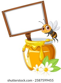 A bee near a honey jar with flowers