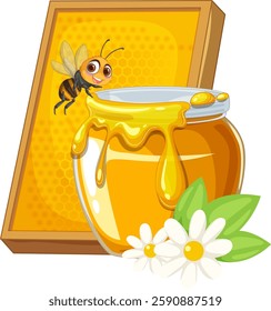 A bee near a honey jar and flowers