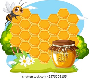 A bee near honeycomb and honey jar outdoors