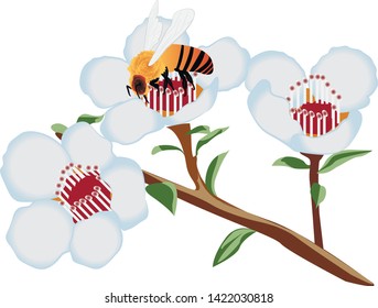 A bee on a blooming tree. flower vector illustration on a white background isolated