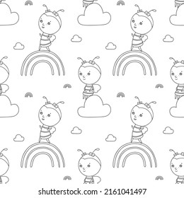 Bee on cloud and rainbow. Children vector seamless pattern. Cute insect character. Illustration for print, wallpaper, fabric.