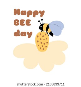 Abeja en la flor Daisy flor con la adorable abeja aislada elemento gráfico Happy Bee day card. Personaje de abeja de dibujos animados. Ilustración vectorial. Diseño gráfico decorativo de abejorros de miel. Logo de la apicultura.