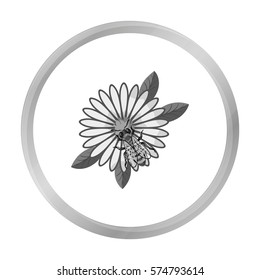 Bee on the flower icon in monochrome style isolated on white background. Apiary symbol stock vector illustration
