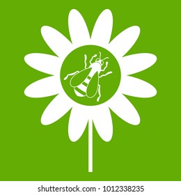 Bee on flower icon white isolated on green background. Vector illustration