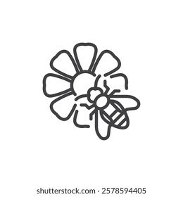 Bee on flower line icon. linear style sign for mobile concept and web design. A bee hovering near a flower outline vector icon. Pollination symbol, logo illustration. Vector graphics