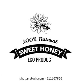 Bee on flower. Sweet honey label, logo, badge. Eco product. Vintage vector illustration