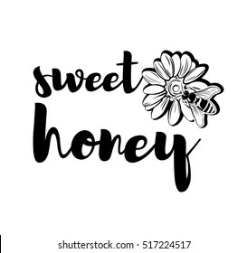 Bee on flower. Sweet honey label, logo, badge. Vintage vector illustration