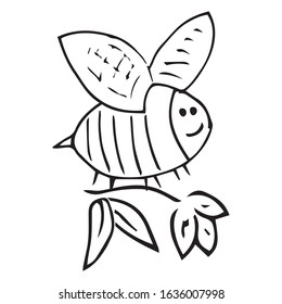 Bee on a flower. Vector illustration of a cartoon bee. Hand drawn funny bee and flower.