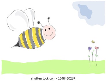 bee on flowers, vector illustration drawing made by a child style. Spring concept