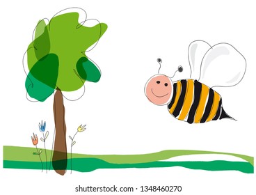 Bee On Flowers Vector Illustration Drawing Stock Vector (royalty Free 