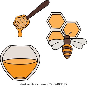 Die Biene ist auf dem Bienenstock, und im Glas ist Honig.
