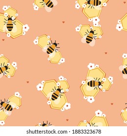 Bee on a honeycomb with honey seamless pattern. Flat vector stock illustration. Honeycomb with honey, flowers. Striped random bee. Seamless ornament, texture with honeycomb