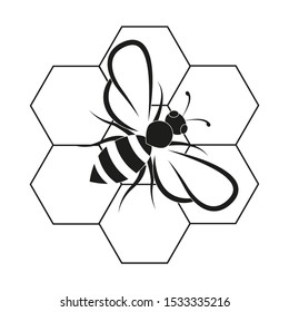 Bee on honeycombs.  Black and white vector illustration isolated on a white background.  Element for logo or icon
