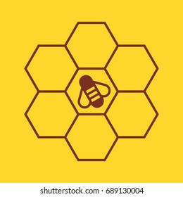 Bee on honeycombs on yellow background