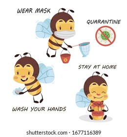 Bee is on quarantine on white isolated background. Coronavirus sign warning for children