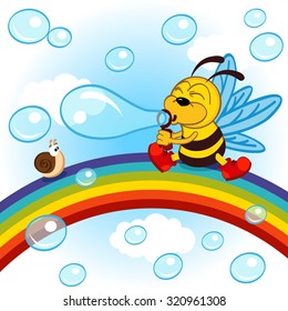 Bee on rainbow inflated bubbles - vector illustration, eps