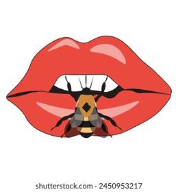 Bee on the red Lips isolated white background. Scary design t-shirt print with cartoonish Bumblebee and Mouth. Vector aesthetic can used notebook cover. Editable stroke. EPS 10