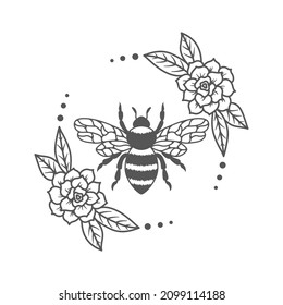 Bee on white background. Vector Spring quotes. Bumblebee for prints on t-shirts and bags, posters, cards. Floral wreath on white background. Inspirational phrase.