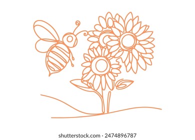 bee with Orchid flowers, featuring clean lines, bold colors, and a playful aesthetic.
