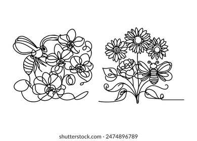 bee with Orchid flowers, featuring clean lines, bold colors, and a playful aesthetic.